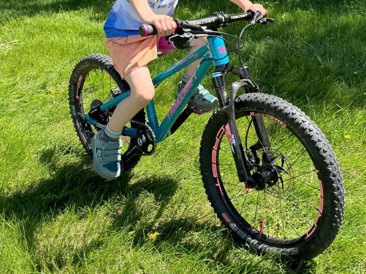 A teal bike rides through the grass.