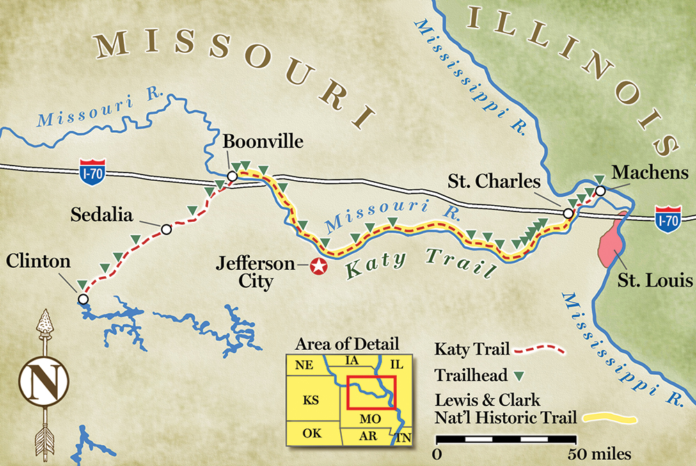 An illustrated map of the Katy Trail in Missouri. Katy Trail Trip Planner.