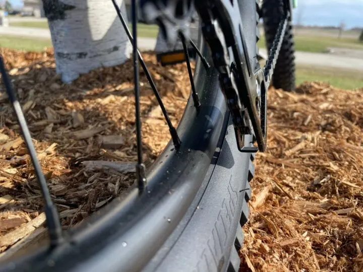 Specialized Riprock 20 rear derailleur cage near the ground with the tire in the foreground