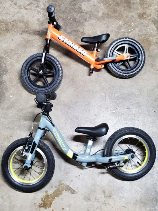 picture showing the that the strider bikes do not have the step-through frame while the guardian does. Guardian balance bike review. 