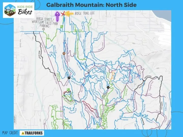 Trail map of the North Side of Galbraith Mountain with mark-ups for Ridge Trail Lot and Birch Street/Whatcom Falls Park Parking