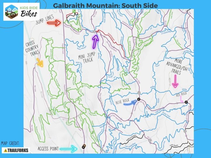 Map of the South Side of Galbraith Mountain, labeled with locations of access point, cross country trails, jump lines, mini jump track, blue rock, red rock, and more advanced/dh trails