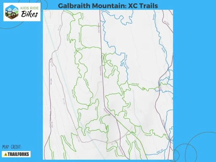 Close-up photo of the map of the cross-country mountain bike trails on Galbraith Mountain