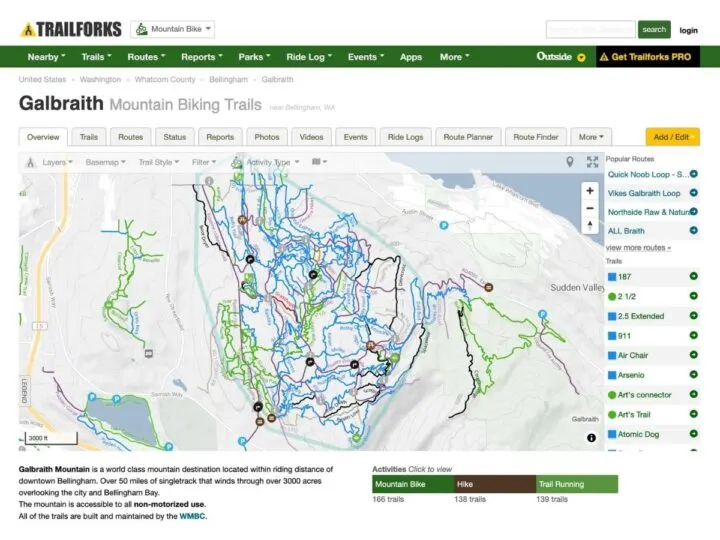screenshot of Trailforks map of Galbraith Mountain biking trails