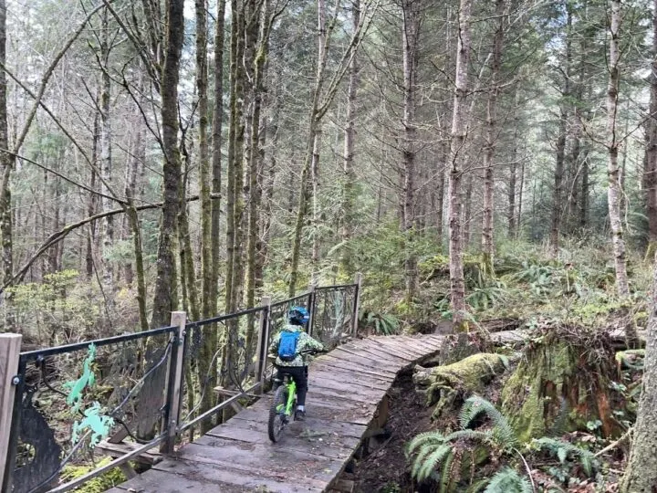 Photo of a child riding their bike across a wooden bridge in the woods
