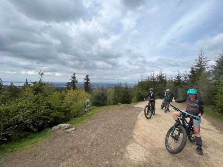 Photo of three people on bikes looking out at a view of trees and a body of water