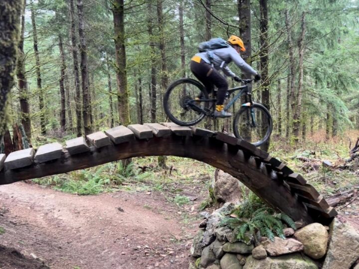 Photo of a person riding a mountain bike over an elevated wooden bridge
