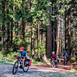 A family rides loaded touring bikes out of a wooded trail.