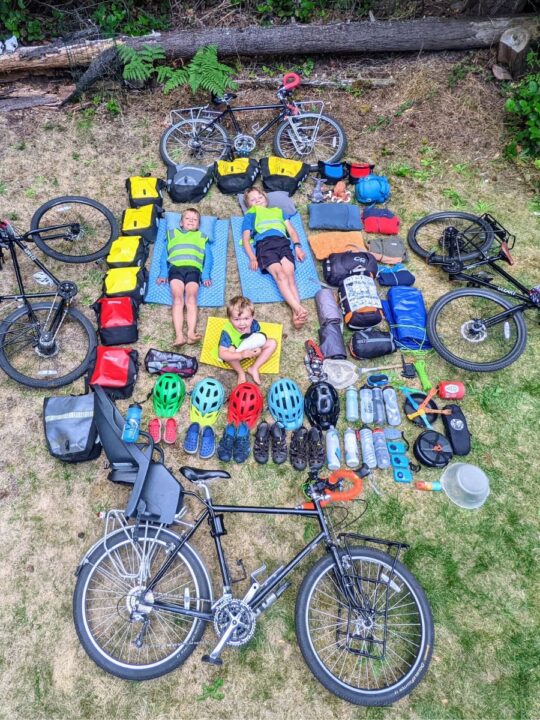 kids and gear arranged in an aerial shot.