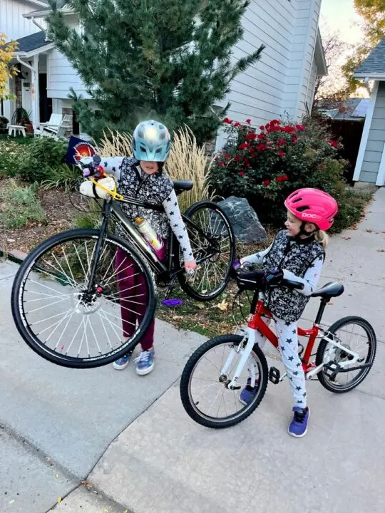 Bright light on my daughters helmet before we set out on an evening ride.