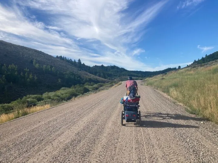 Man riding bike towing baby trailer up a dirt road.