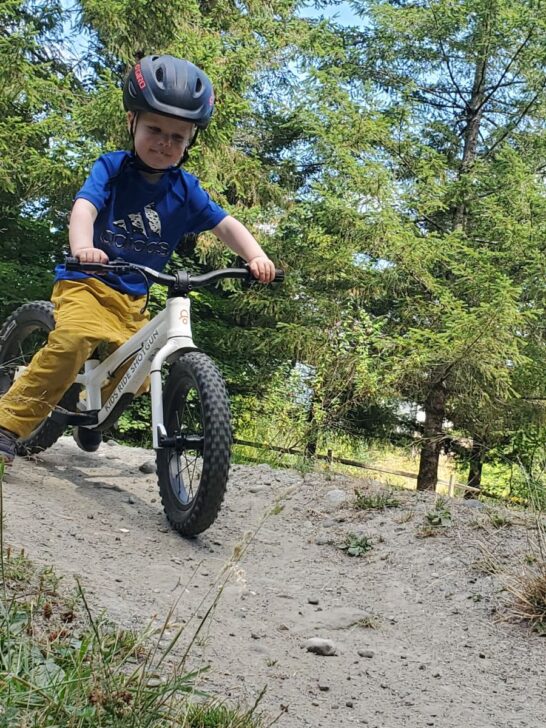 LITTLE BOY WITH A SMILE ON HIS FACEHEADING DOWN A HILL ON THE DIRT HERO BALANCE BIKE