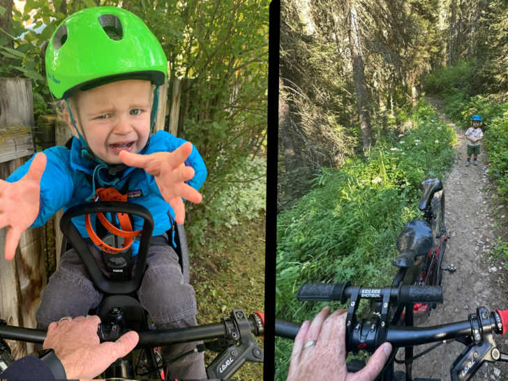 Two pictures - one with a baby strapped into a Thule Yepp Mini bike seat, the second with a toddler standing on the trail not riding on the bike seat.