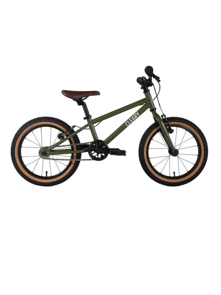 An olive green kids bike