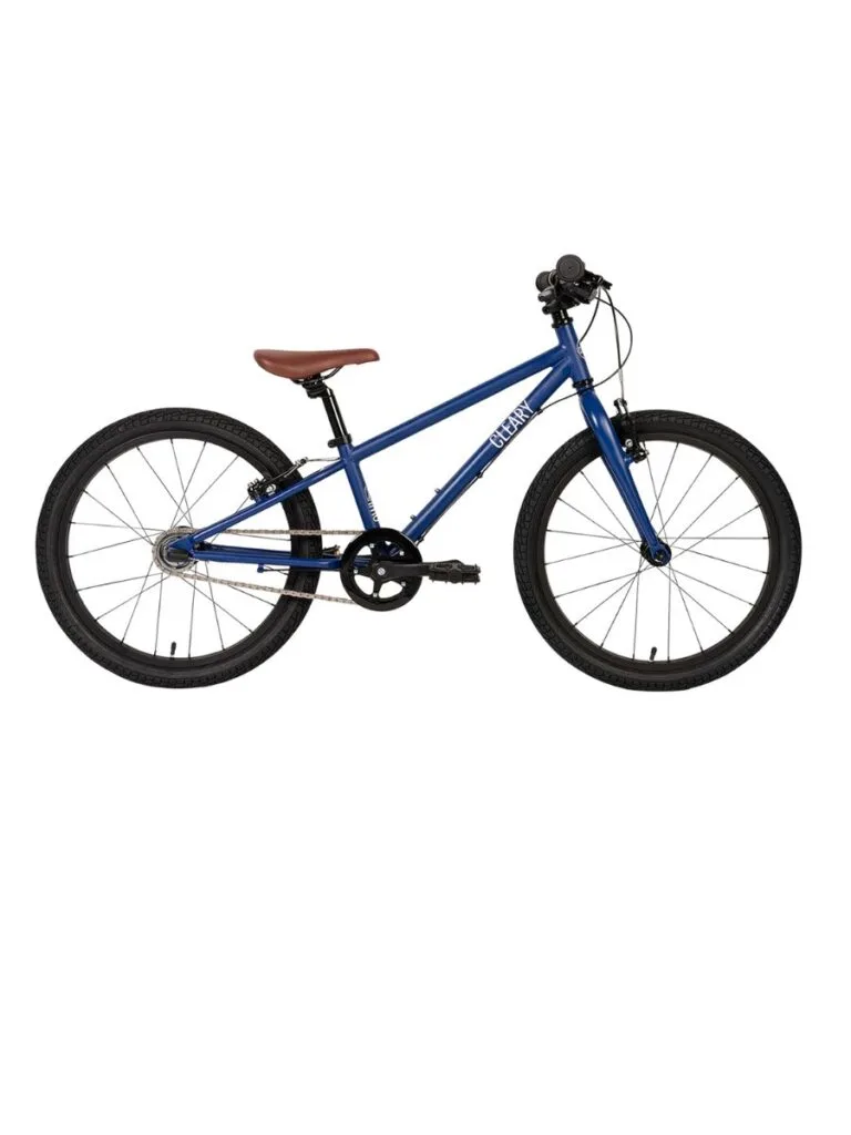 A navy blue kids bike