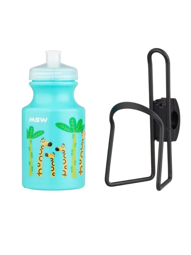 A stock photo of a blue waterbottle with giraffes and a black water bottle cage