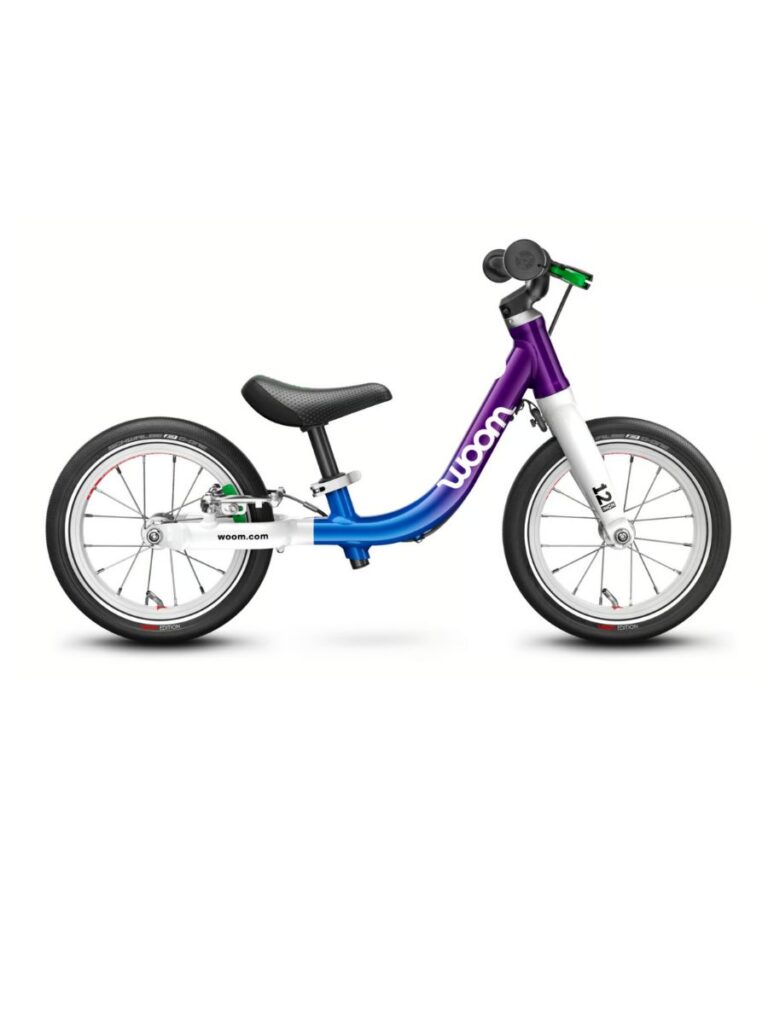 A purple and blue balance bike