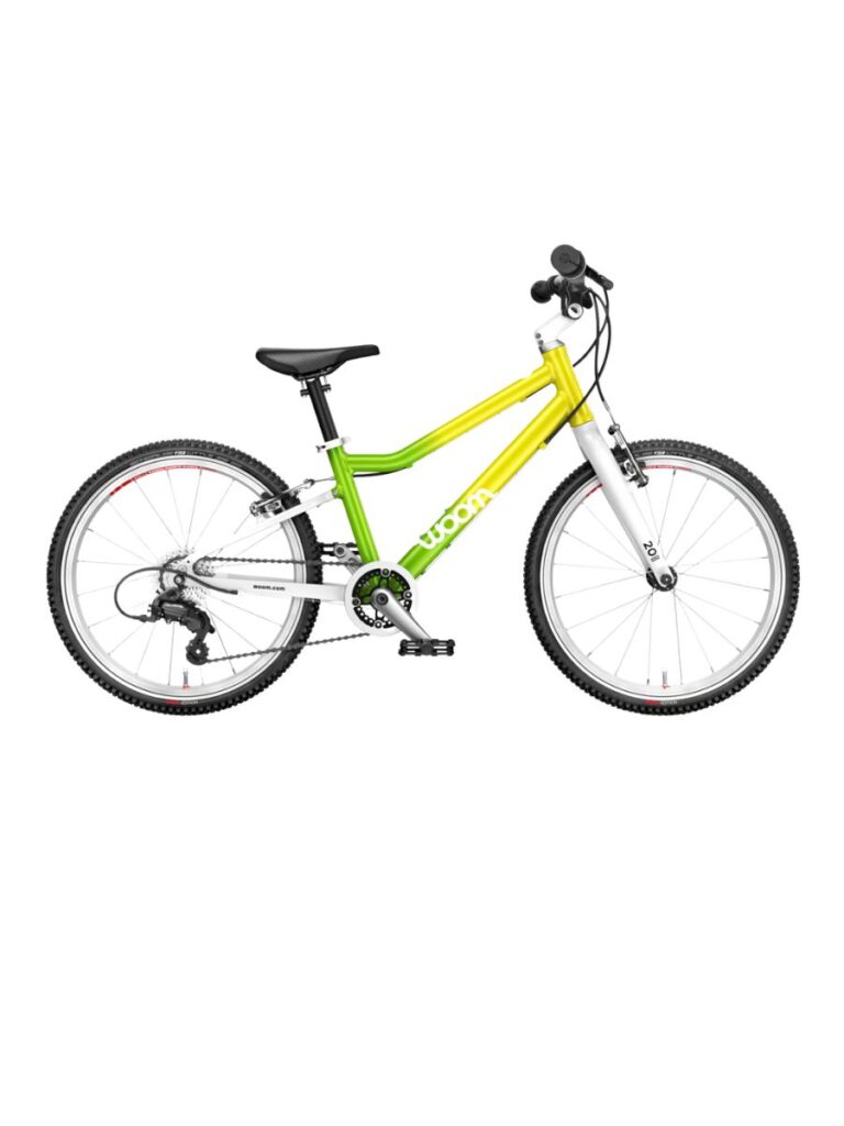 A yellow and green kids bike