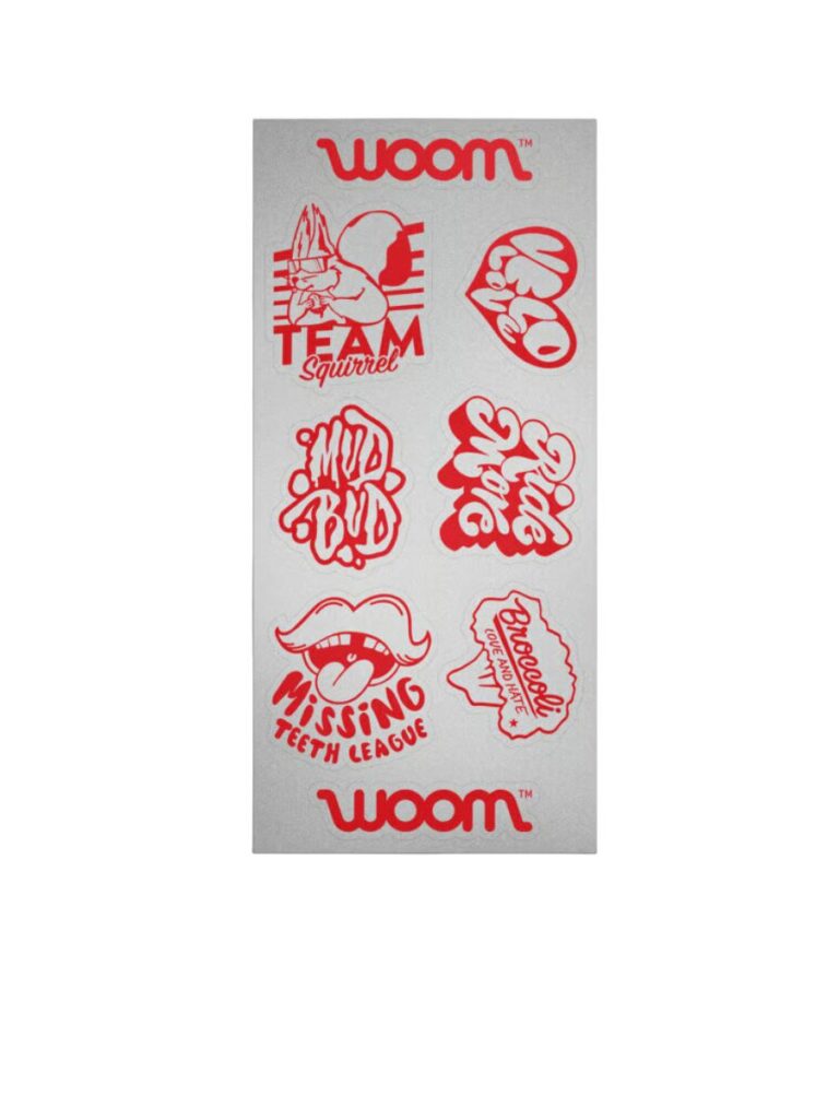 A stock photo of red Woom stickers